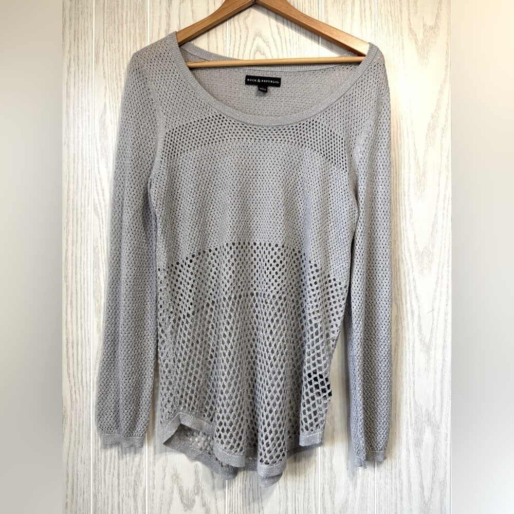 Rock And Republic Mesh TunicTop Women Size Large Silver Sparkly Long Sleeves EUC